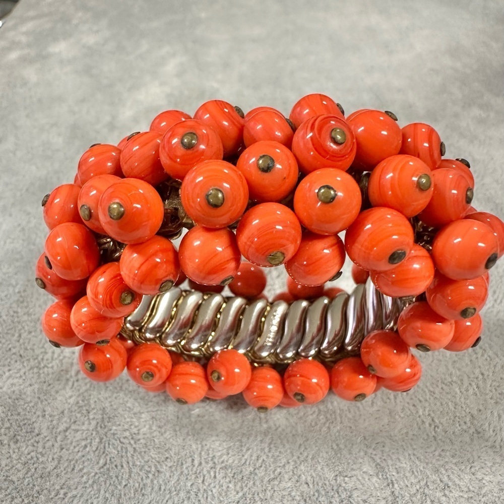 Vintage Silver Tone Stretch Expandable Band Orange Glass Beaded Cha-Cha Bracelet